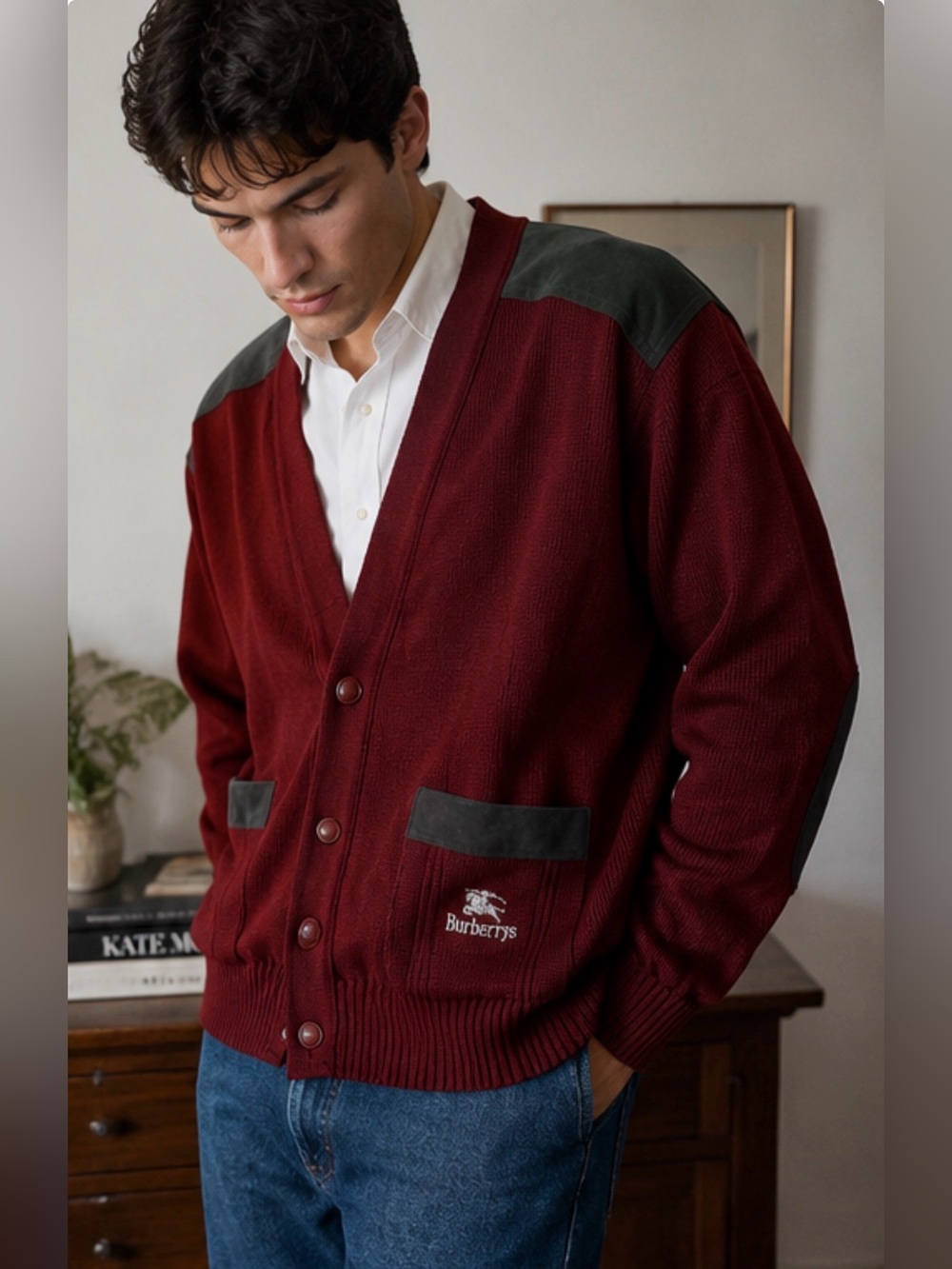 Vintage Burberrys 100% Wool Suede Trim Cardigan Made England L